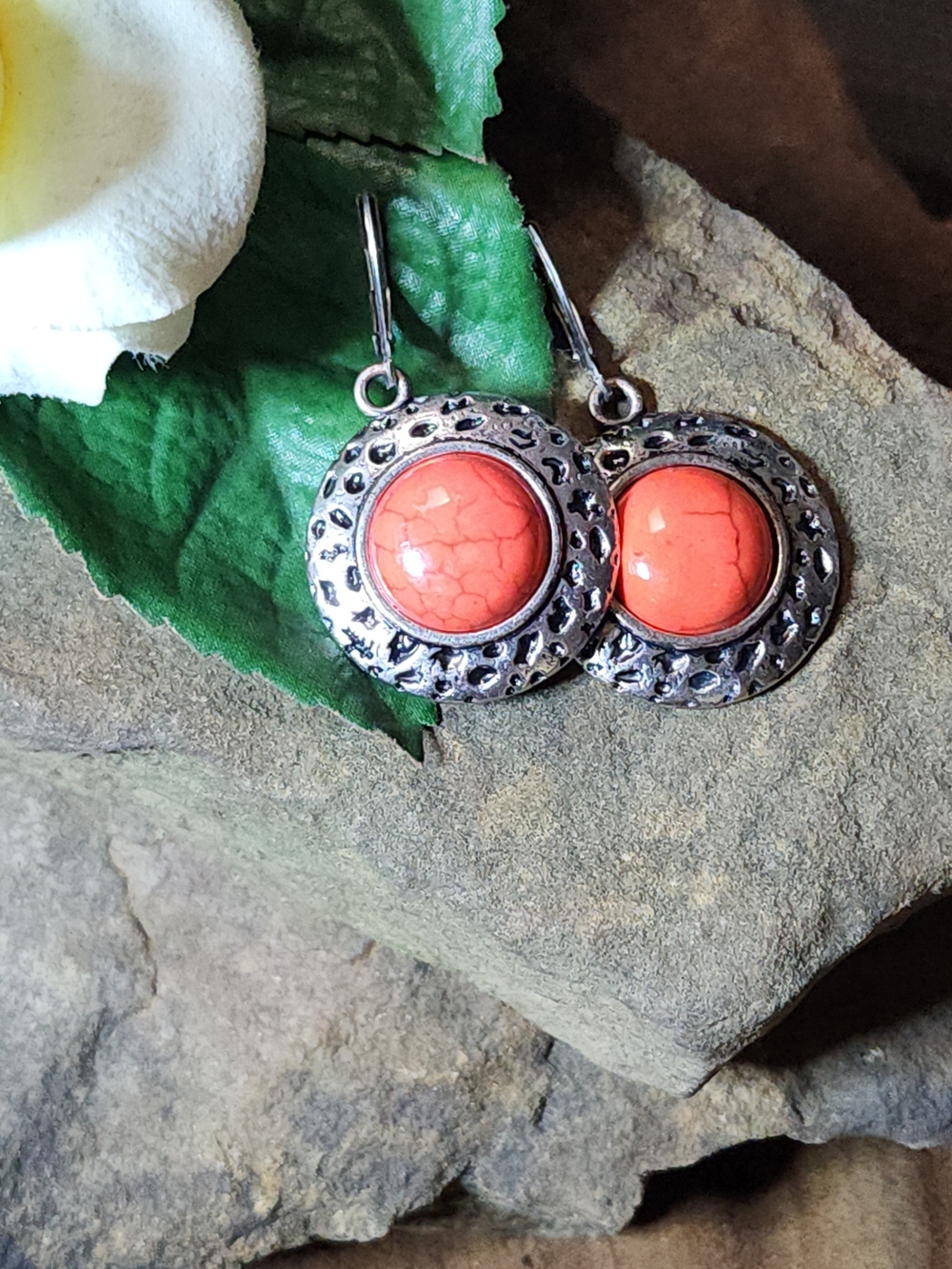 Faux Coral Stone Like Silver-Tone Drop Earrings Leverback
